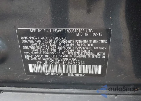 2012 Subaru Forester 2.5X from USA, damaged, VIN JF2SHABC6CH453514